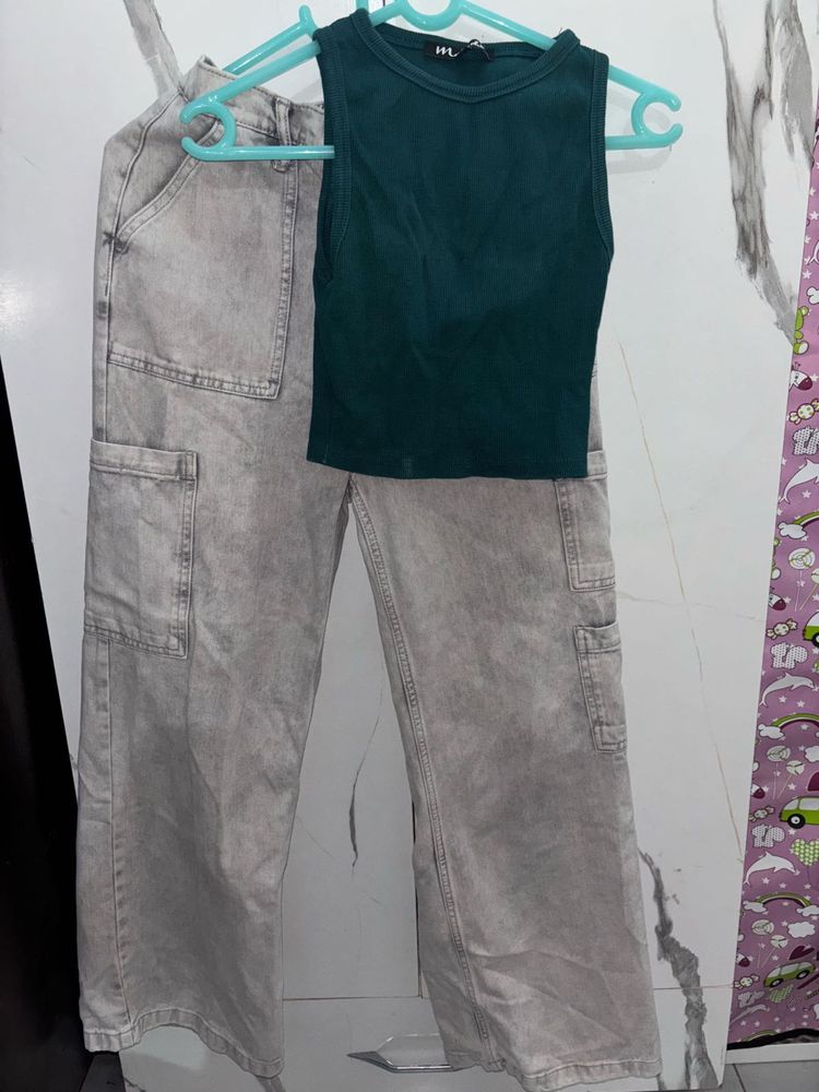 Gray Cargo Jeans &amp; Green Tank Top Set