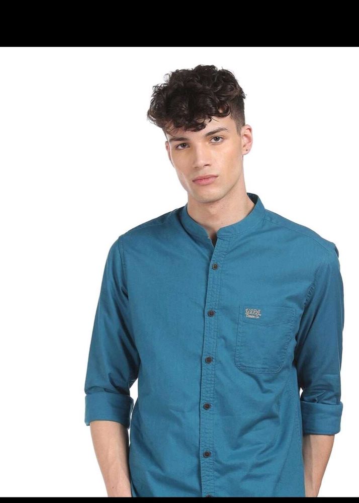 Men's Teal Band Collar Shirt