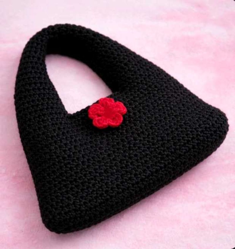 Black Crochet donut bag with Red Flower Accent