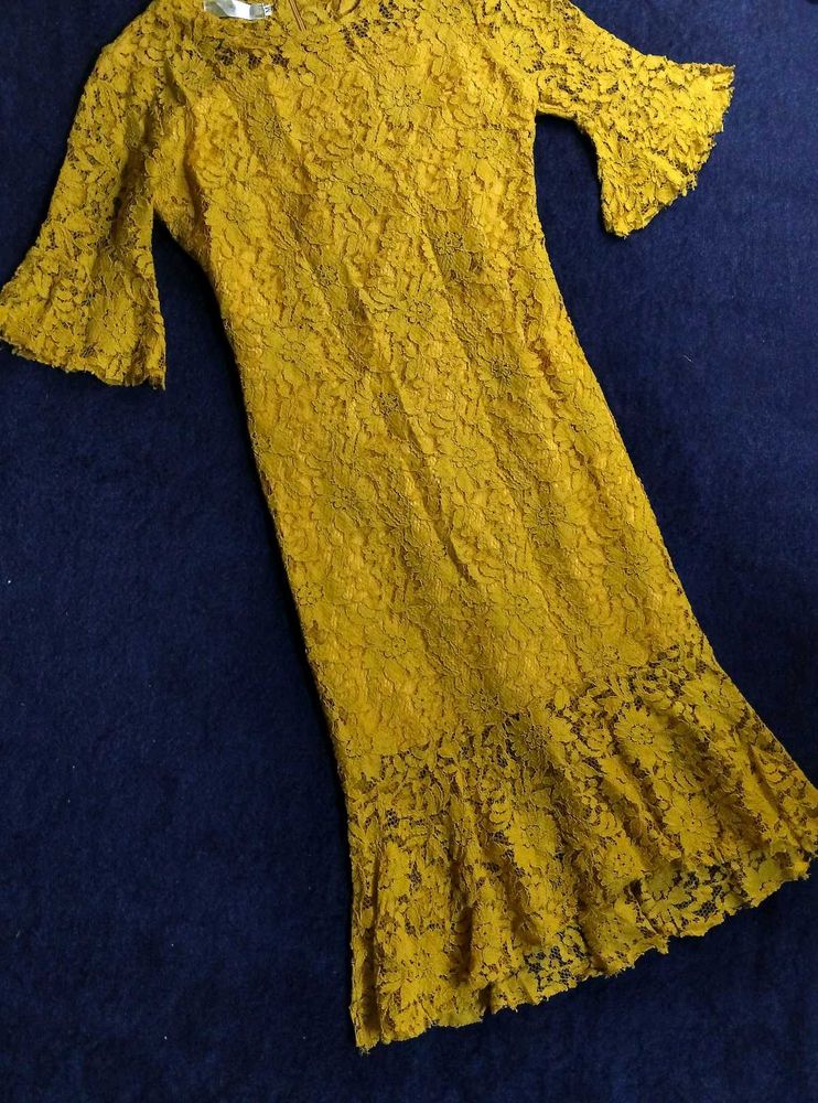 Yellow Lace Dress with Bell Sleeves