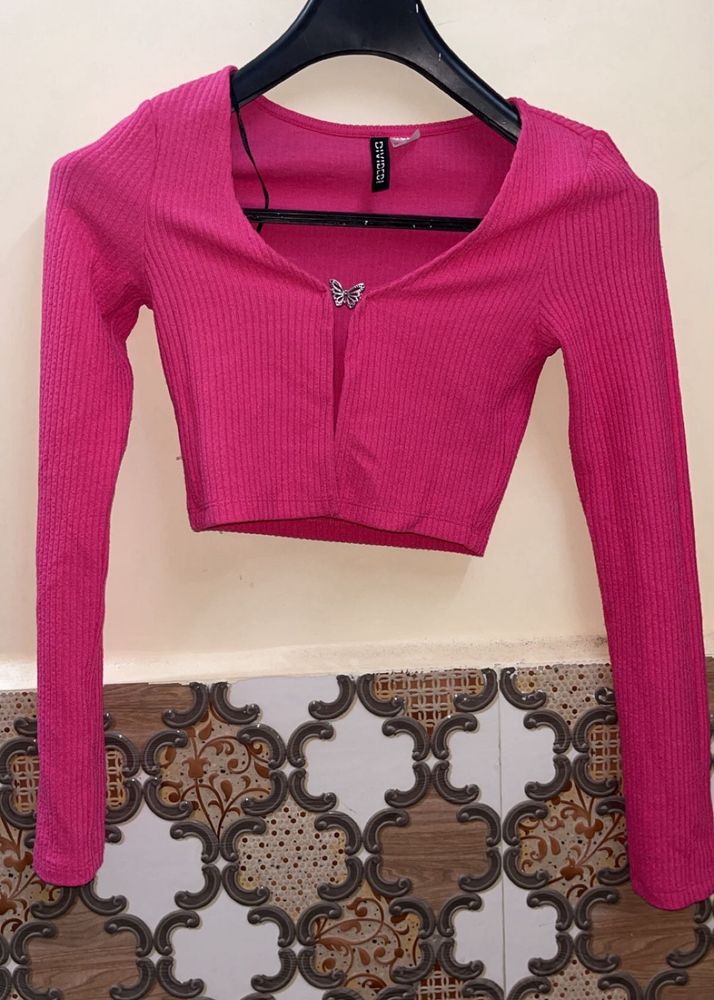 Pink Long Sleeve Crop Top