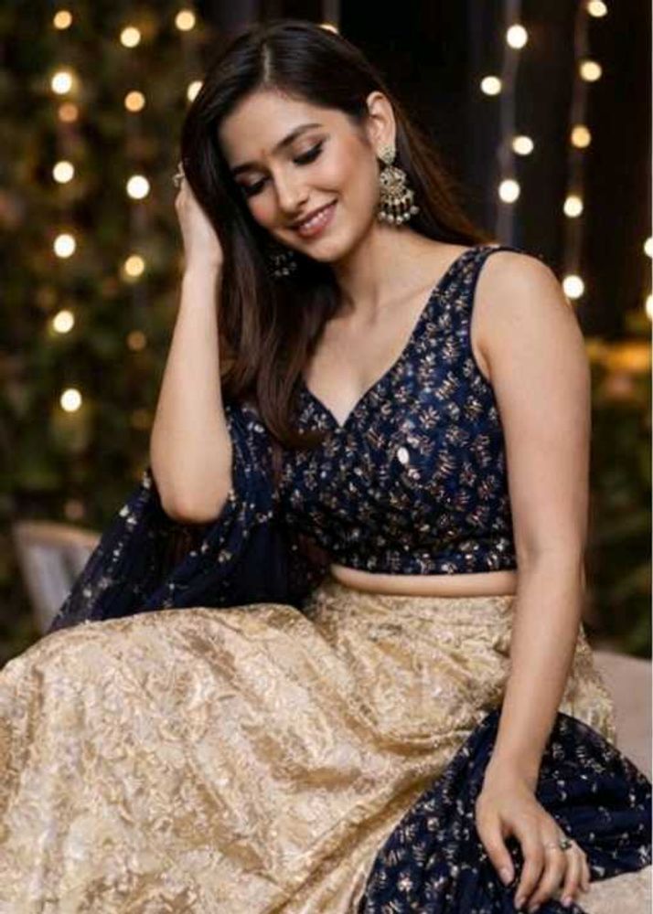 Elegant Navy &amp; Gold Lehenga Set