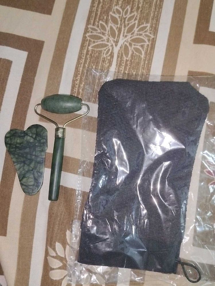 Jade Roller, Gua Sha, Exfoliating Glove, Massage C