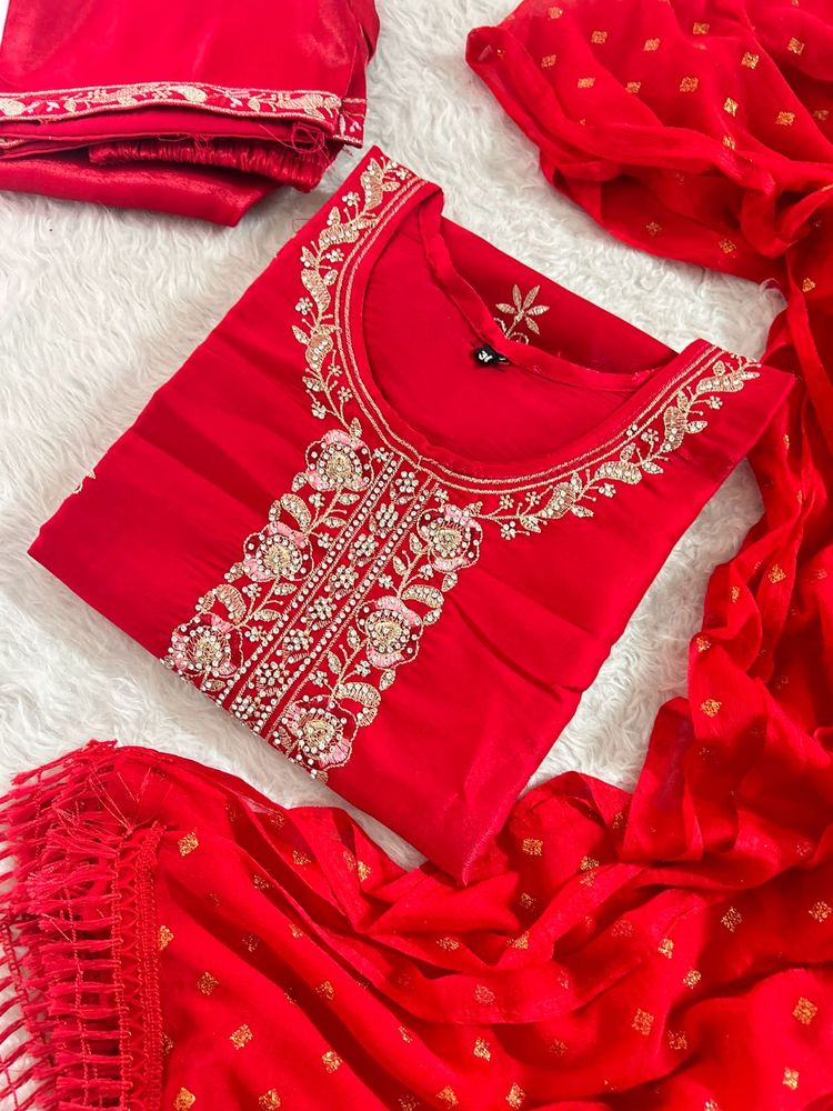 Stunning Red Embroidered Kurta Set