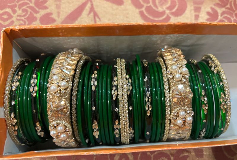Elegant Green &amp; Gold Embellished Bangles Set