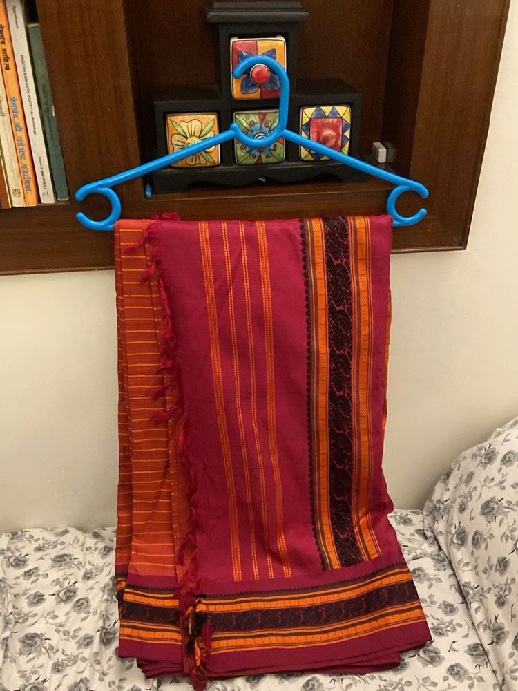 Vibrant Pink &amp; Orange Striped Saree