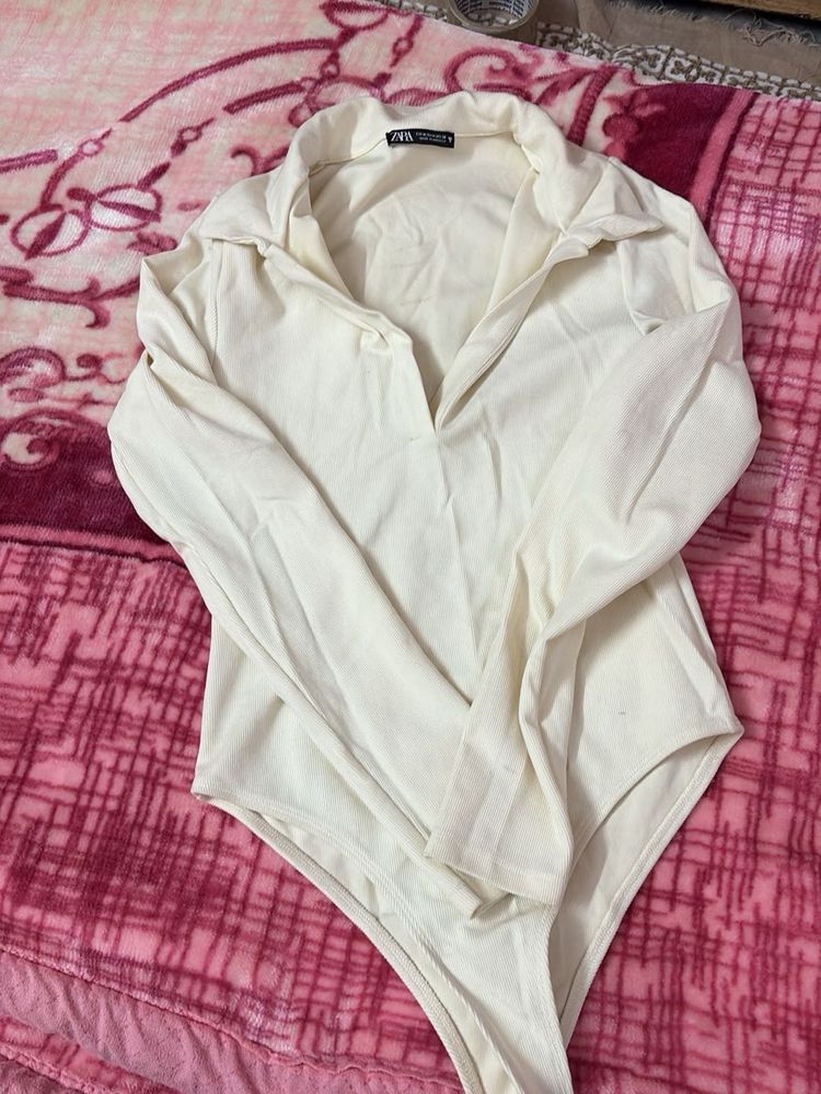Cream Long Sleeve Bodysuit Top