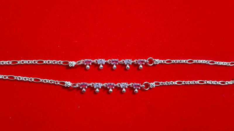 Silver Anklets with Pink Stones 8 inch