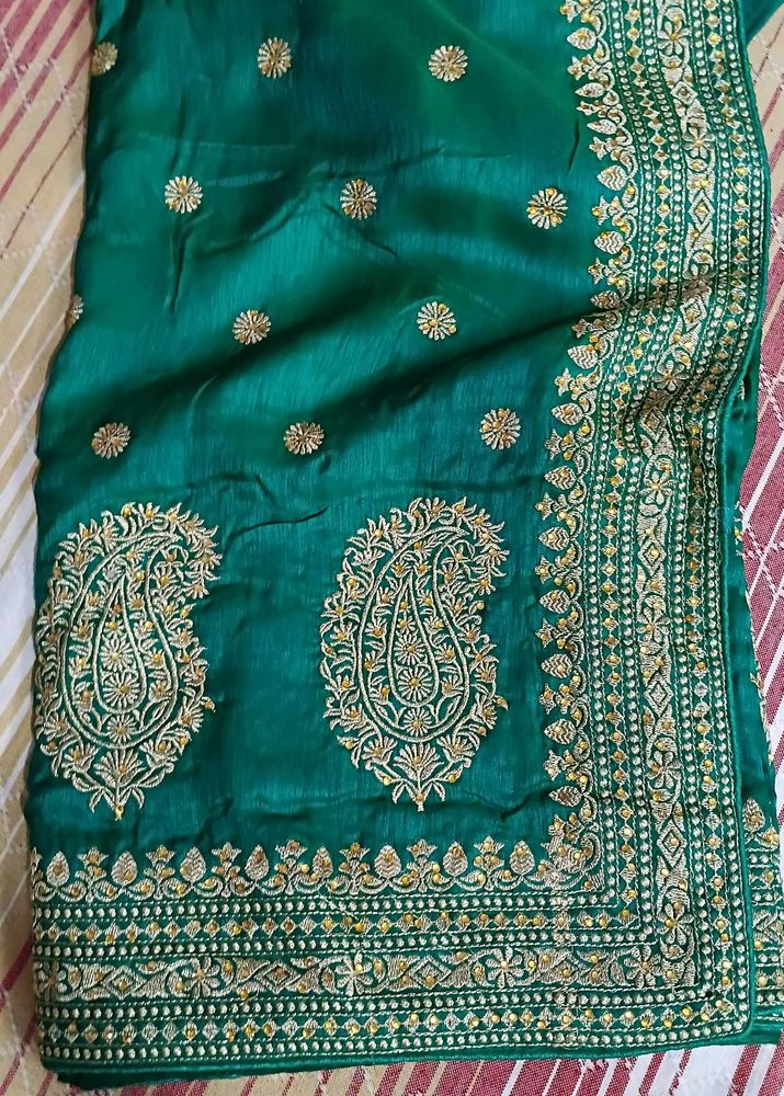 Emerald Green Embroidered Silk Saree