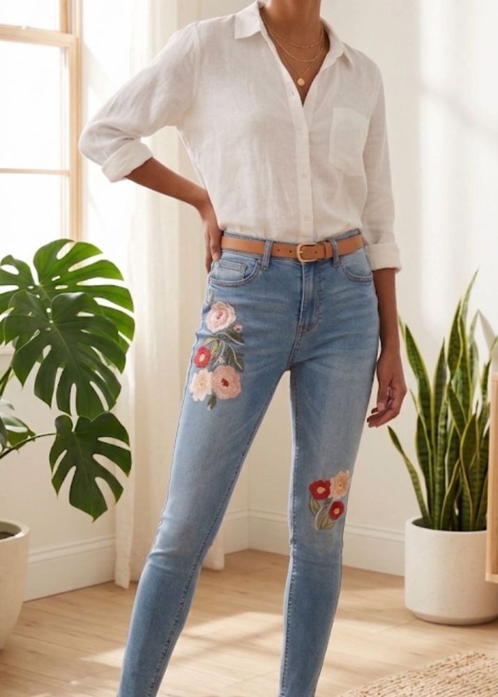 Boho-Chic Floral Embroidered Skinny Jeans