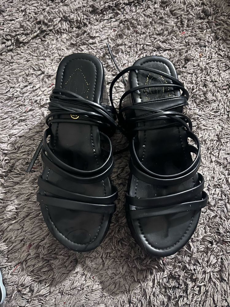 Black Strappy Lace-Up Wedge Sandals