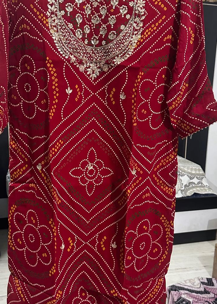 Red Bandhani Kurta with Embellished Neckline
