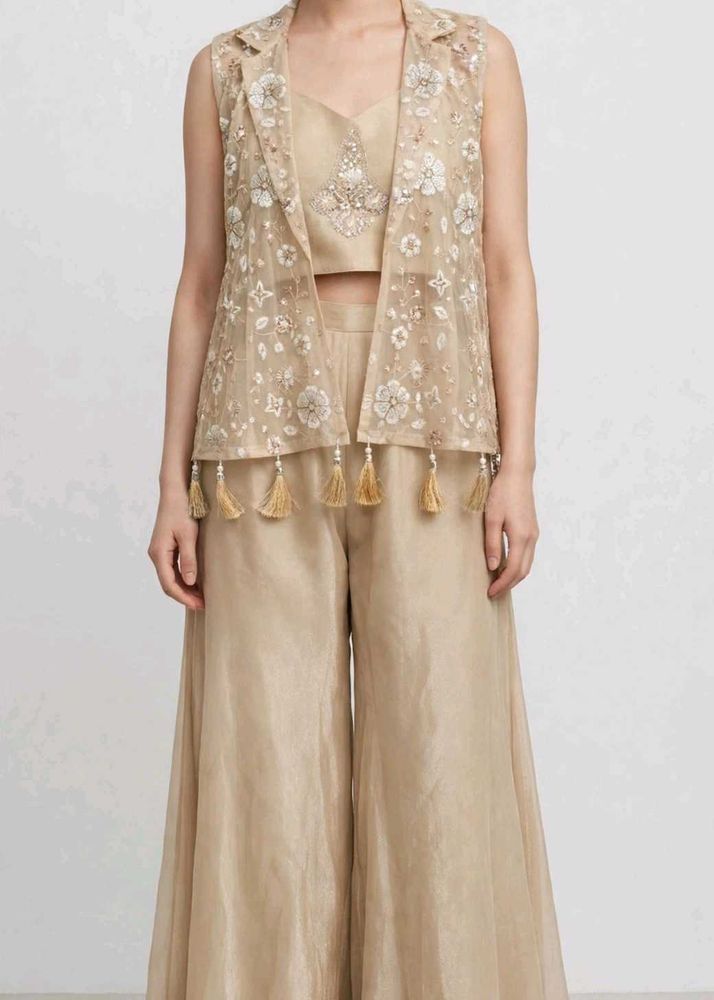 Embellished Beige Kurta Set with Jacket