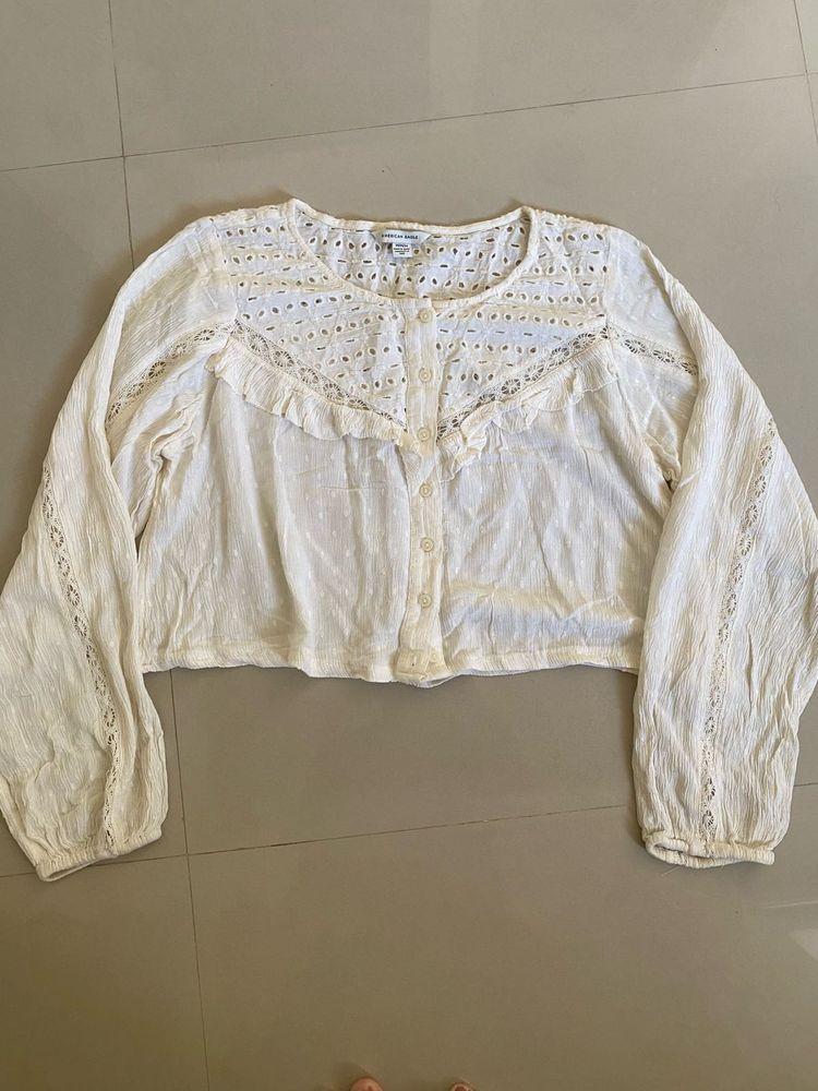 Cream Eyelet Button-Up Blouse