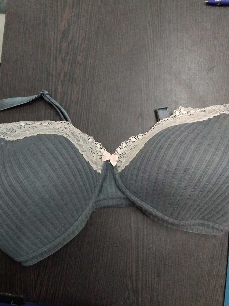 Comfortable Grey Lace Trim Bra