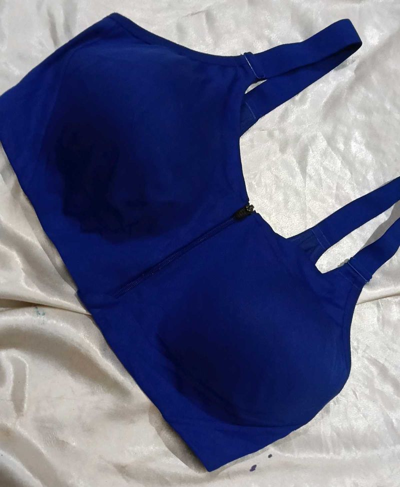 Blue Zipper Front Sports Bra