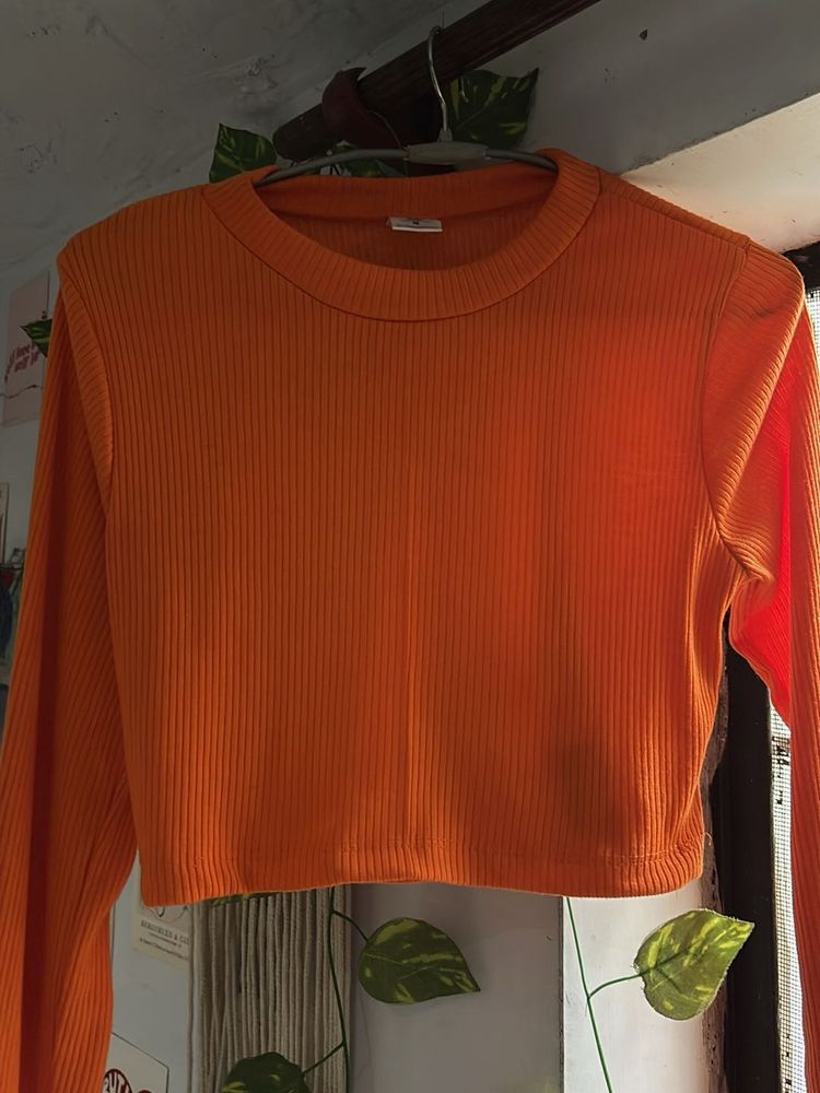 Orange Ribbed Long Sleeve Crop Top