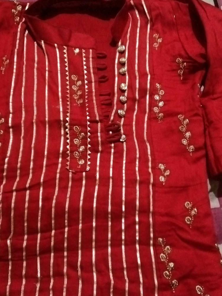 Red Striped Kurta with Embellishments