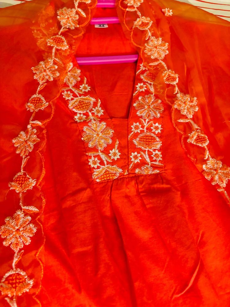 Bright Orange Embroidered Three Piece Suit Set