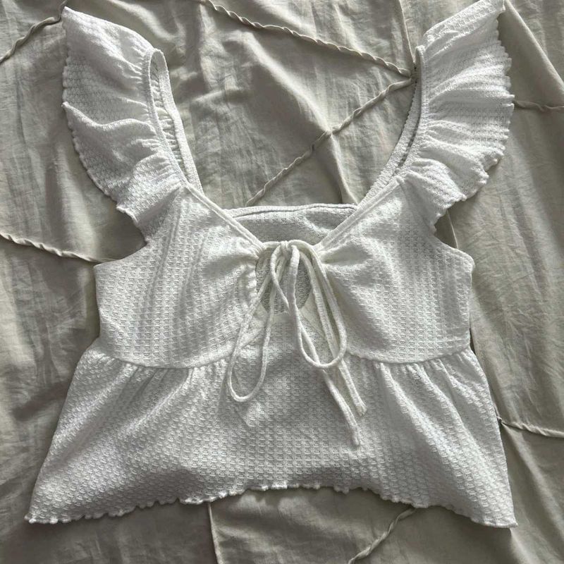White Ruffle Tie Front Top