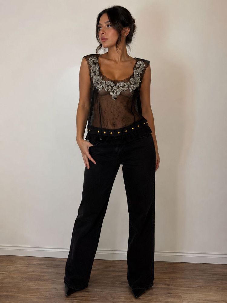 Sheer Embellished Black Tunic Top