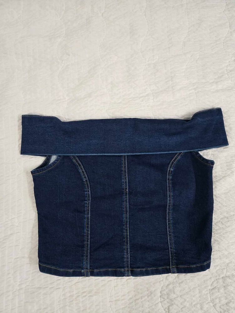 Off-Shoulder Denim Crop Top bust 34