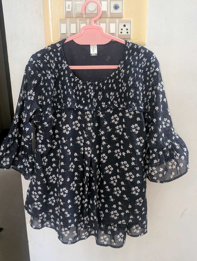 Navy Blue Floral Smocked Peplum Top