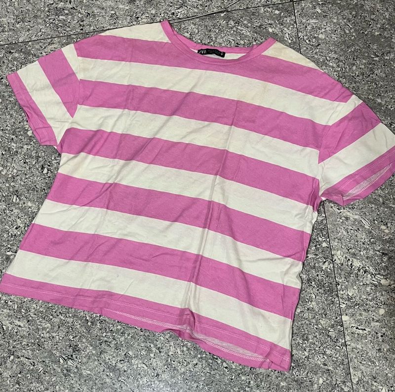 ZARA Pink and White Striped T-Shirt