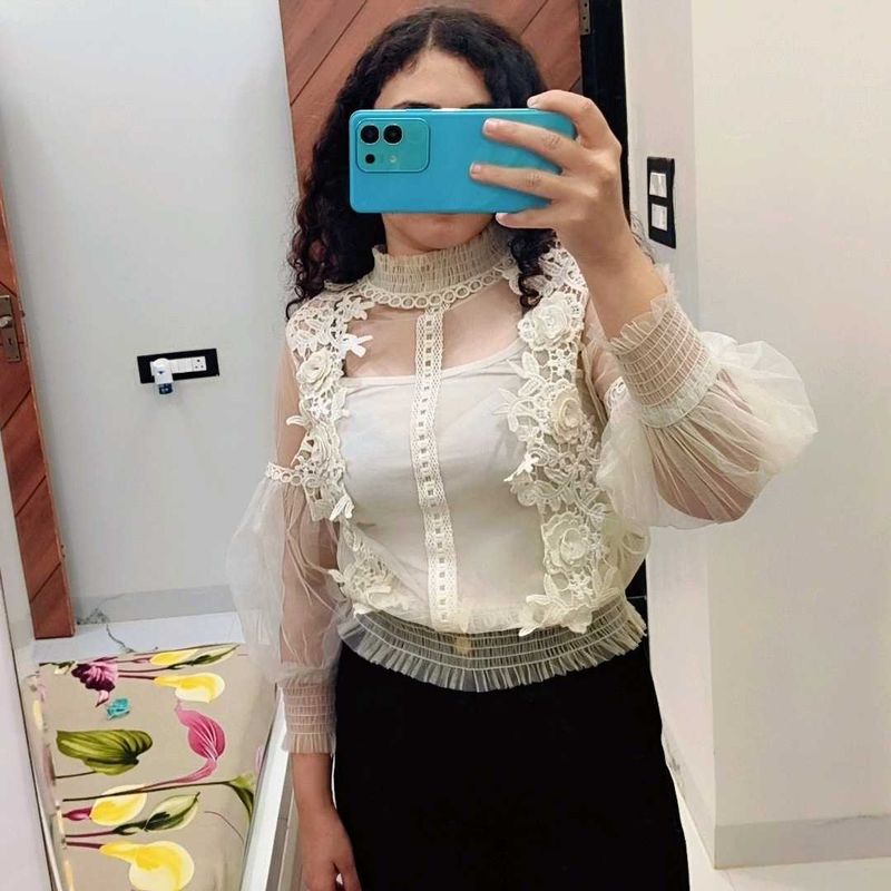 Elegant Lace Detail Sheer Sleeve Top