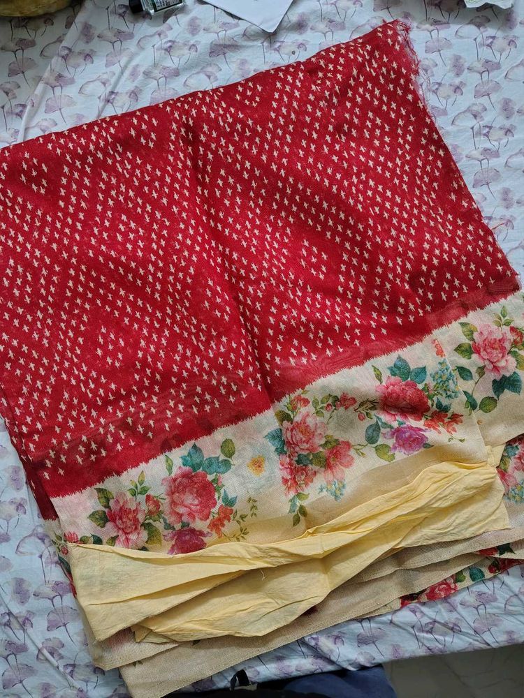 Beautiful Red Saree with Floral Border