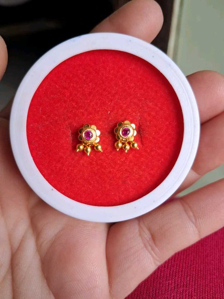 Gold Stud Earrings with Red Stone