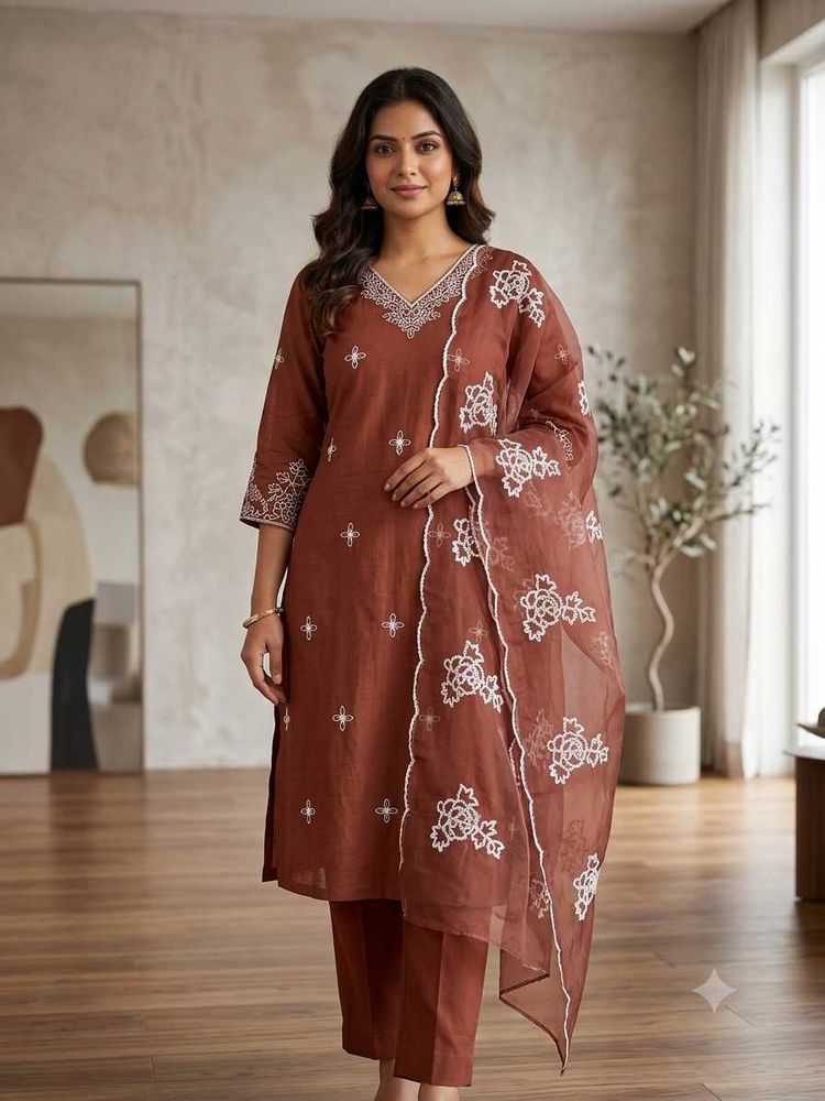 Elegant Brown Kurta Set with White Embroidery