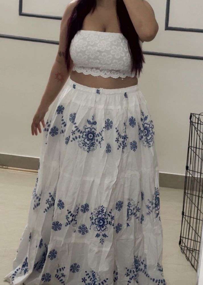 White &amp; Blue Floral Skirt with top set
