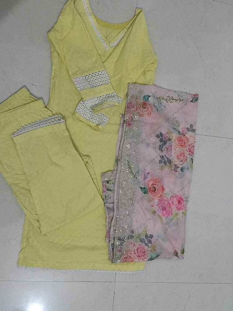 Beautiful Yellow Kurta Set with Floral Dupatta