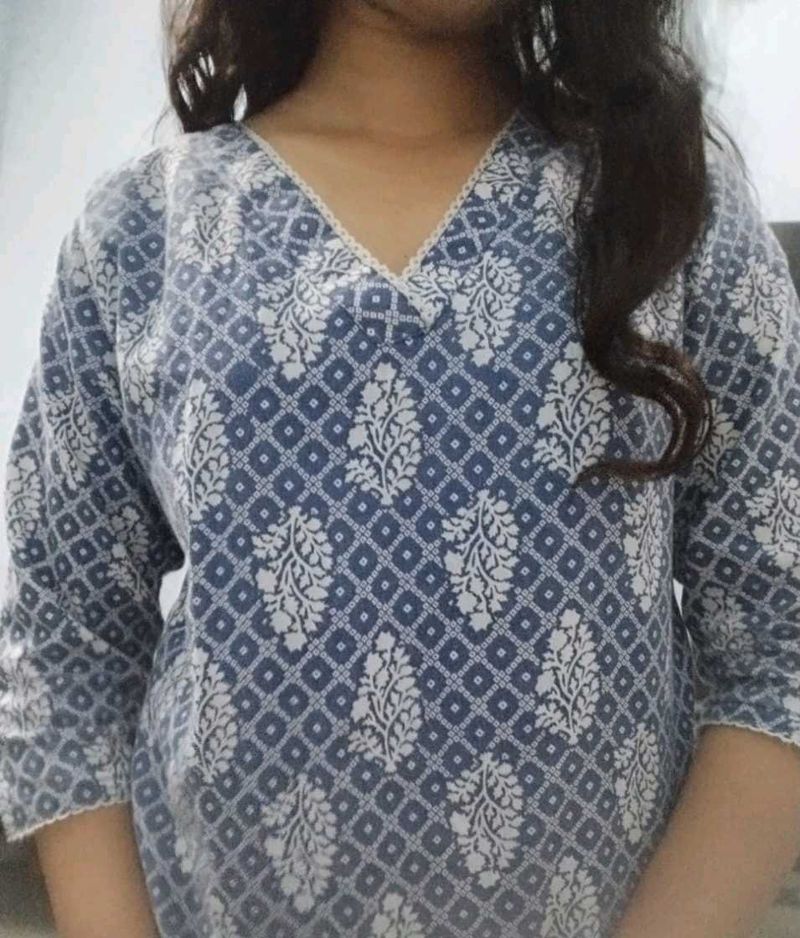Blue white straight cotton kurta xl