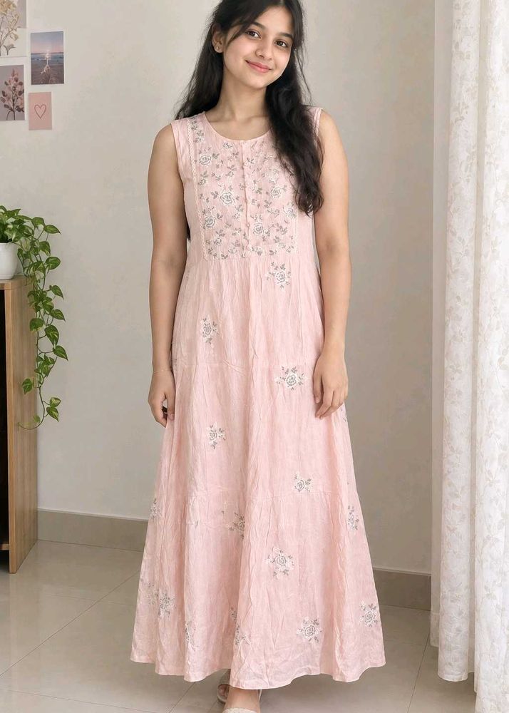 Peach Embroidered Dress With Matching Jewellery