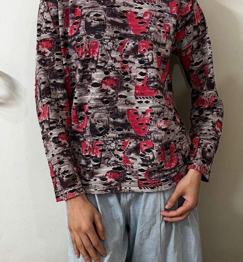 Graphic Print Distressed Long Sleeve Top