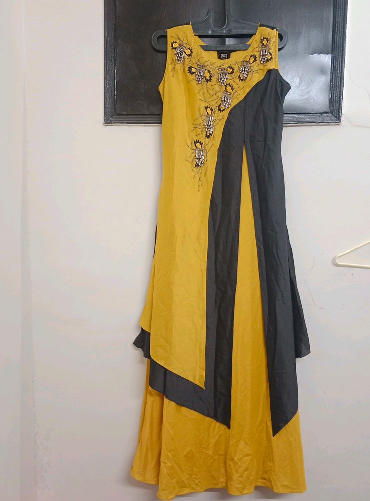 Yellow &amp; Grey Embroidered Maxi Dress