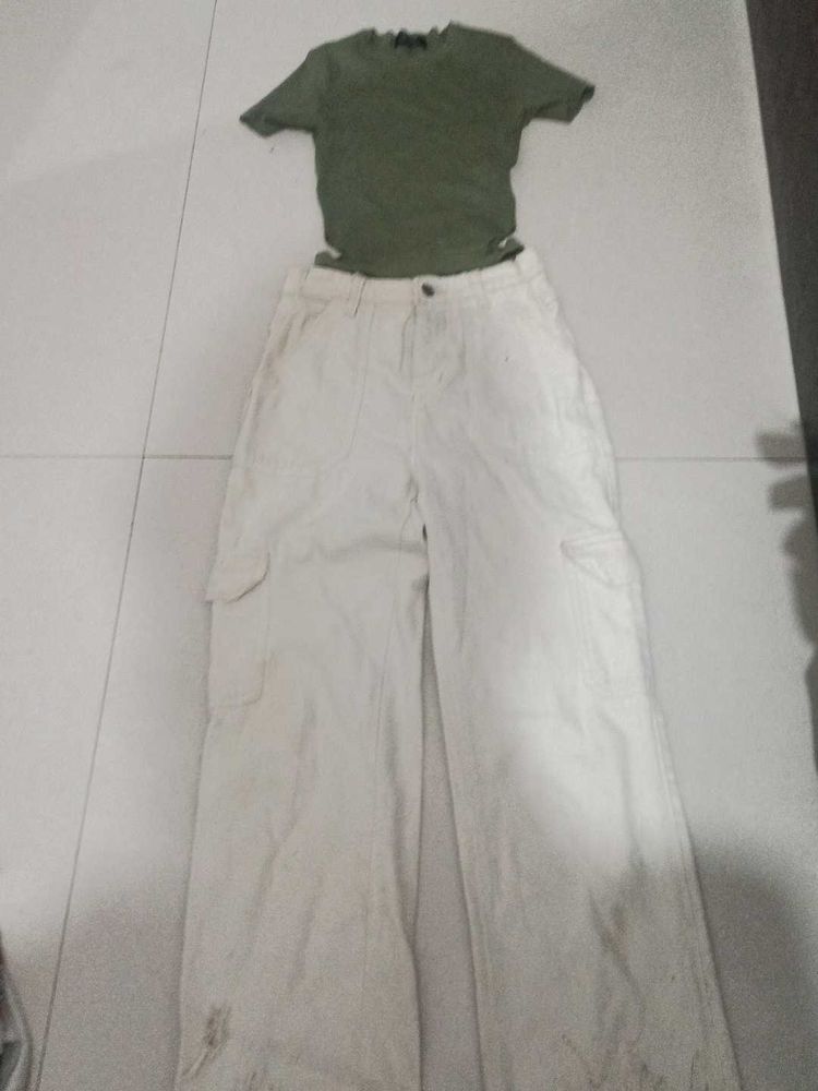 Olive Green Top &amp; White Cargo Pants Set