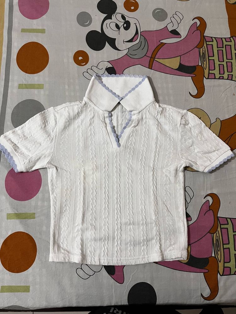 Cute White Textured Polo Top