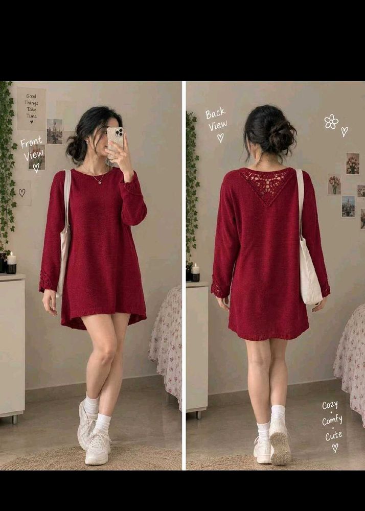 Burgundy Lace Detail Sweater Dress
