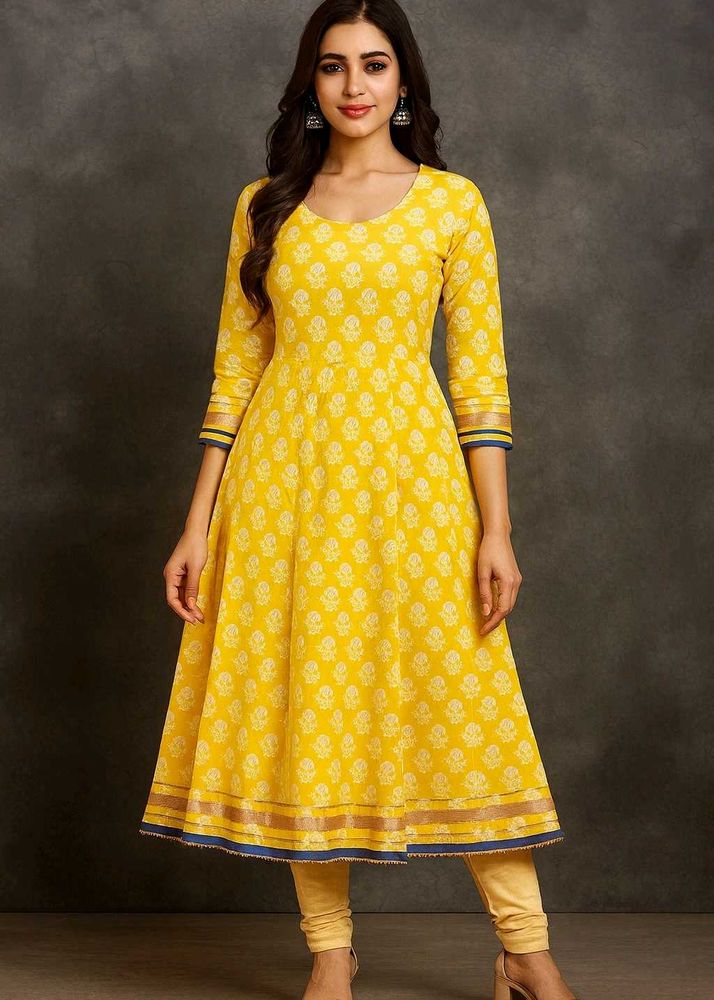Jaipuri Elegant Yellow Printed Kurta Set (Size XL)
