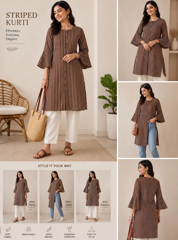 Brown Striped Flared Sleeve Tunic