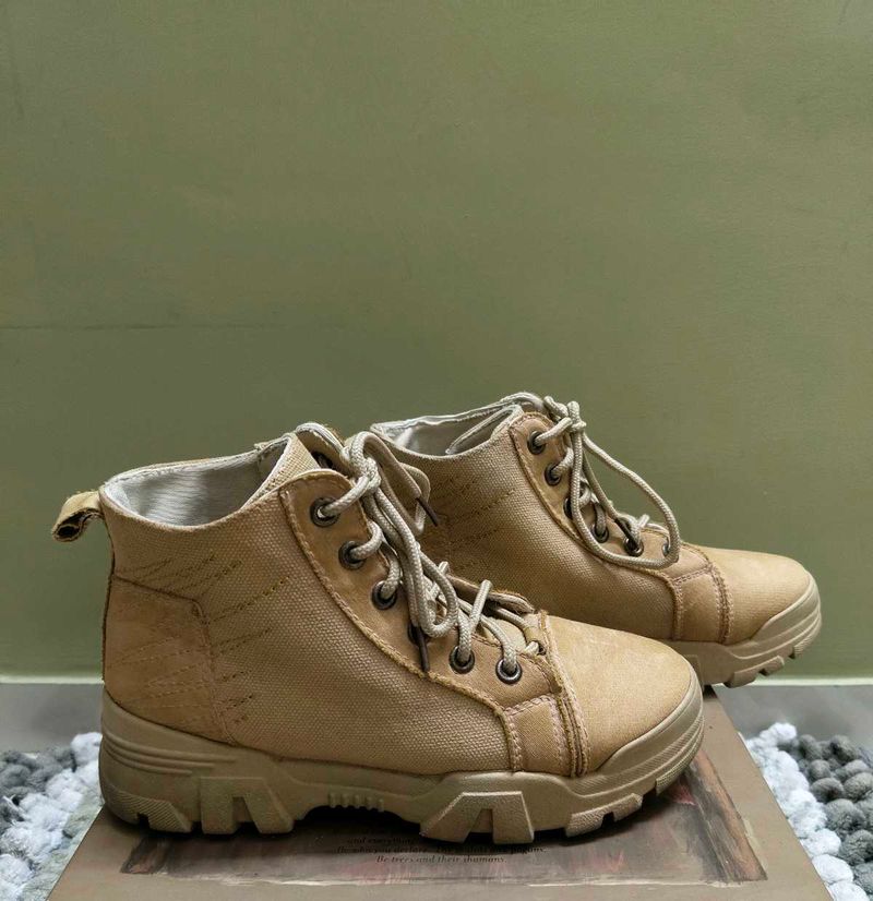 Tan Canvas Lace-Up Ankle Boots