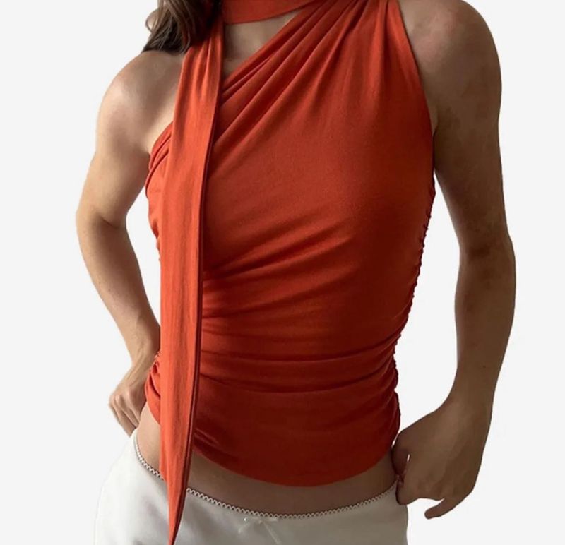 Chic One-Shoulder Scarf Neck Ruched Top