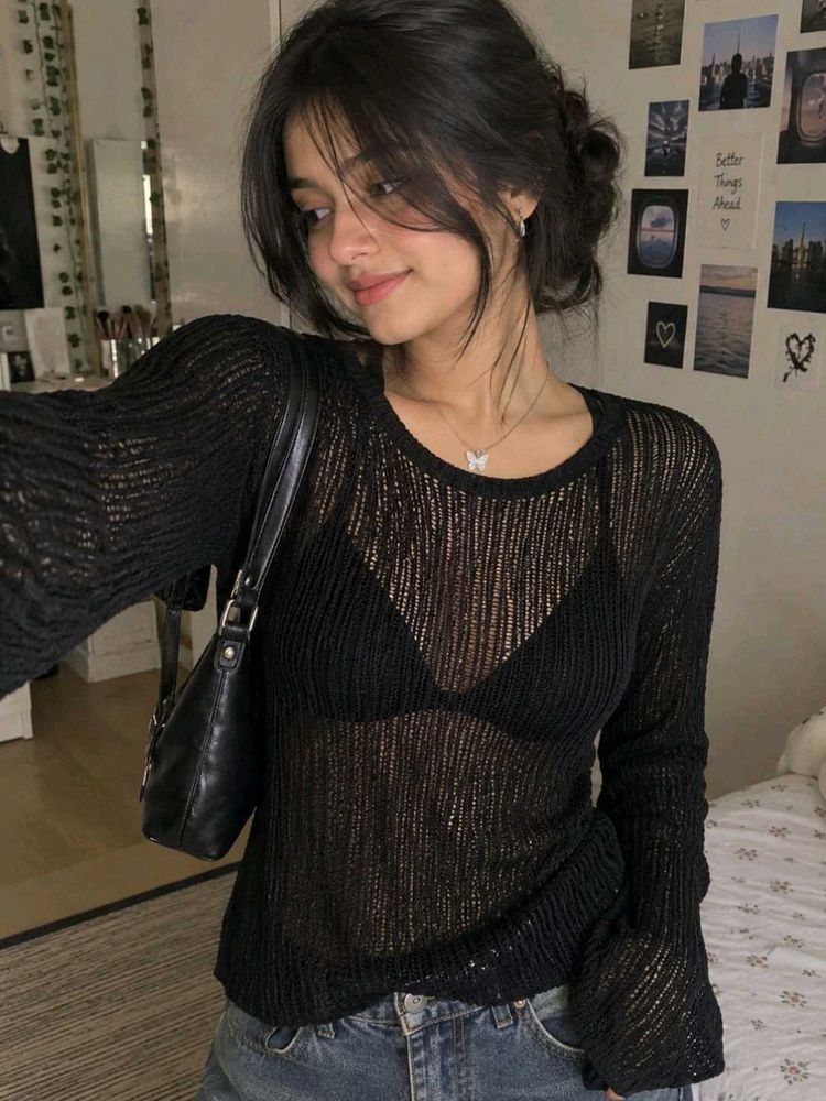 Sheer Knit Long Sleeve Top