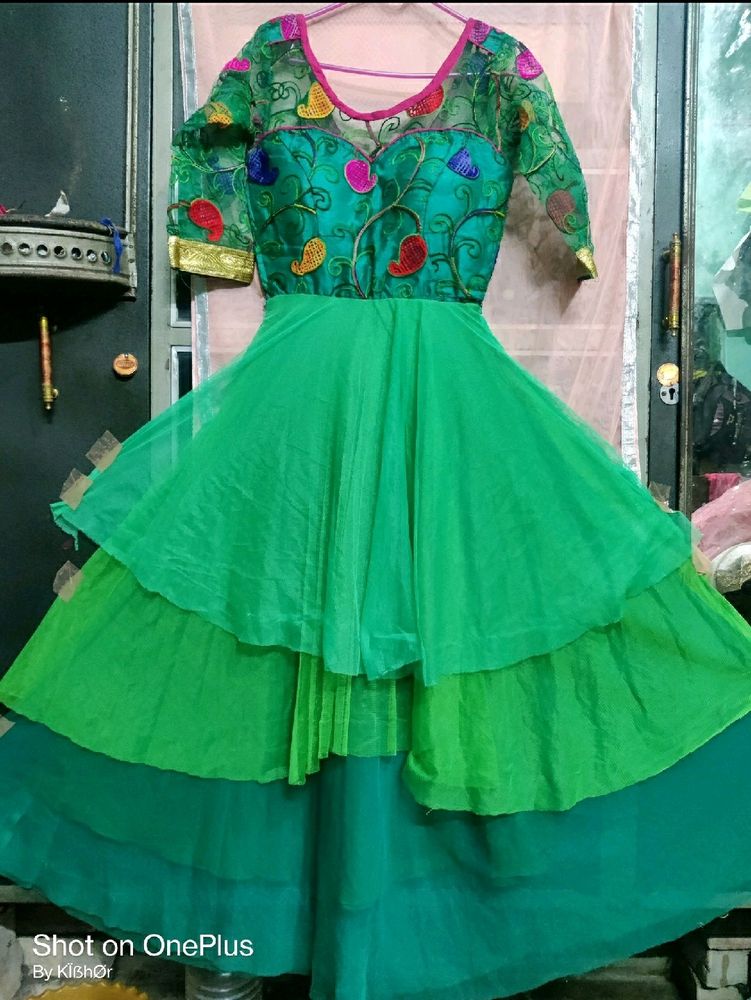 Grey Mesh Dress With Green Gown Combo