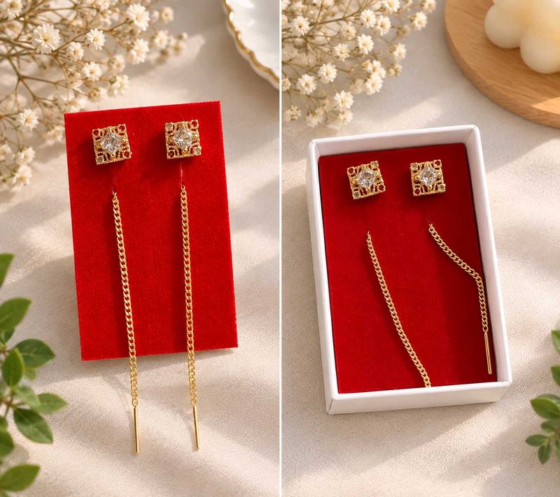 Gold Chain Drop Earrings with Crystal Studs