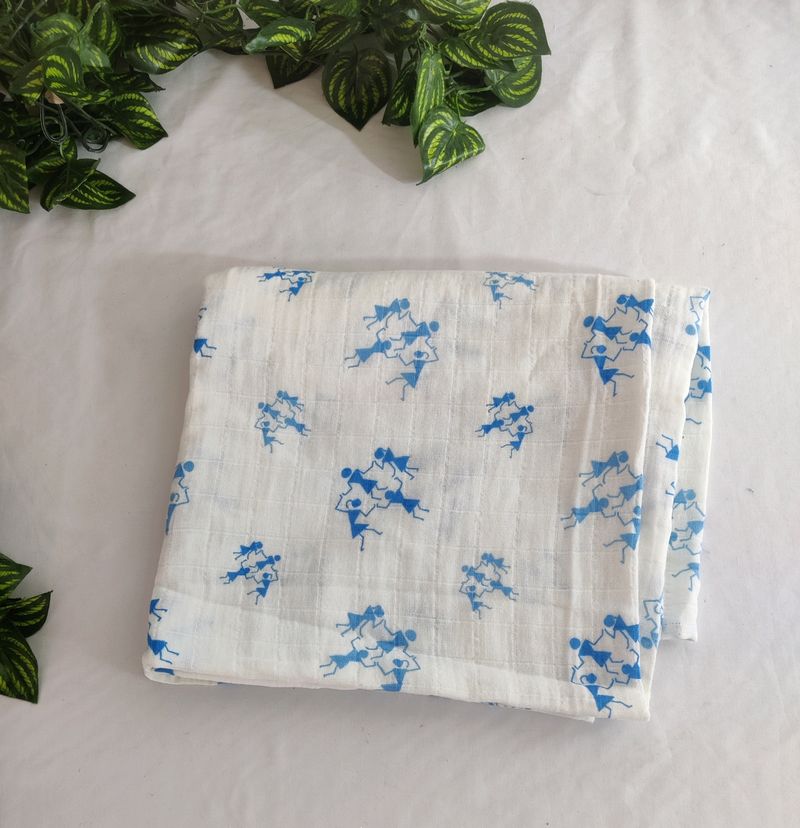 White With Blue Printed Table Cloth