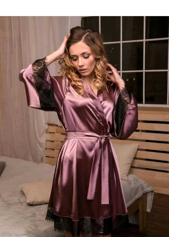 Women Satin Silk Night Gown with Lace Robe – Soft